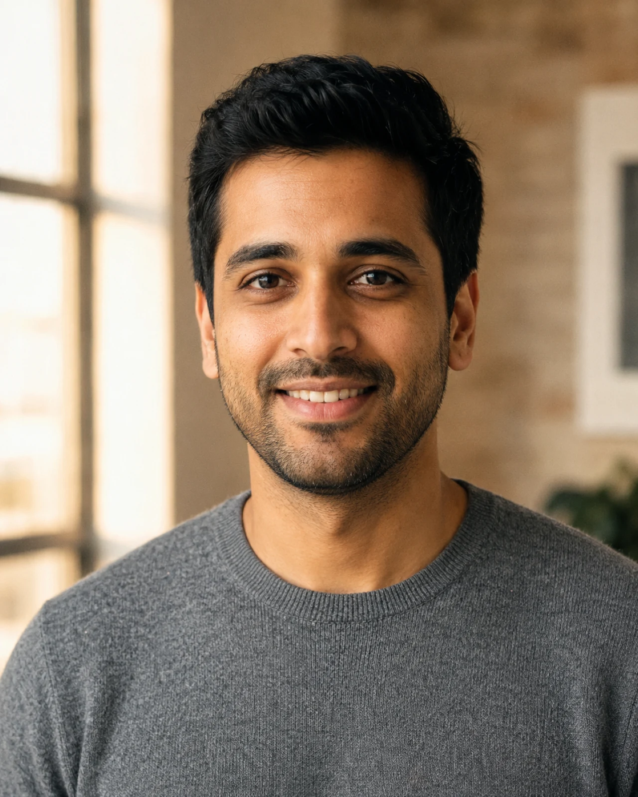AI headshot generator example — startup founder professional headshot of a South-Asian man in a gray sweater, AI generated from a selfie