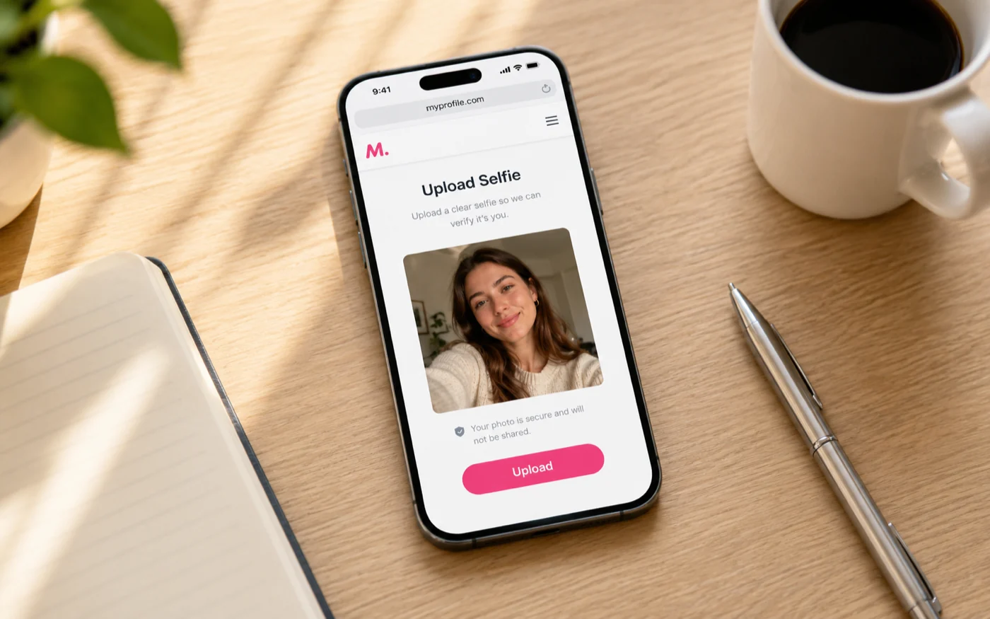Step 1 of the AI headshot generator — a phone on a wooden desk showing a clean selfie upload screen ready to receive a photo