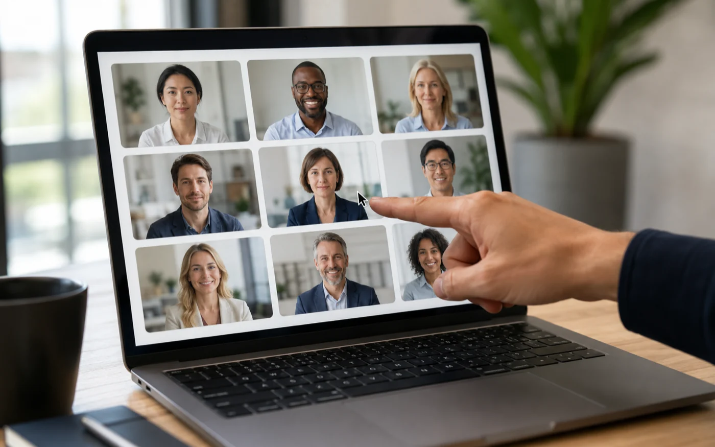 Step 2 of the AI headshot generator — a hand pointing at a laptop screen showing a 3×3 grid of AI headshot style thumbnails