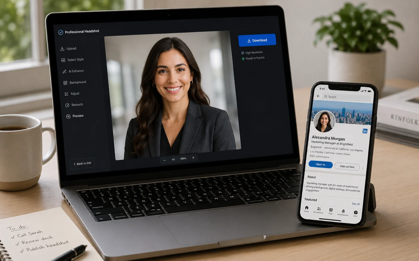 Step 3 of the AI headshot generator — a laptop showing the finished AI headshot next to a phone with a fresh LinkedIn profile preview