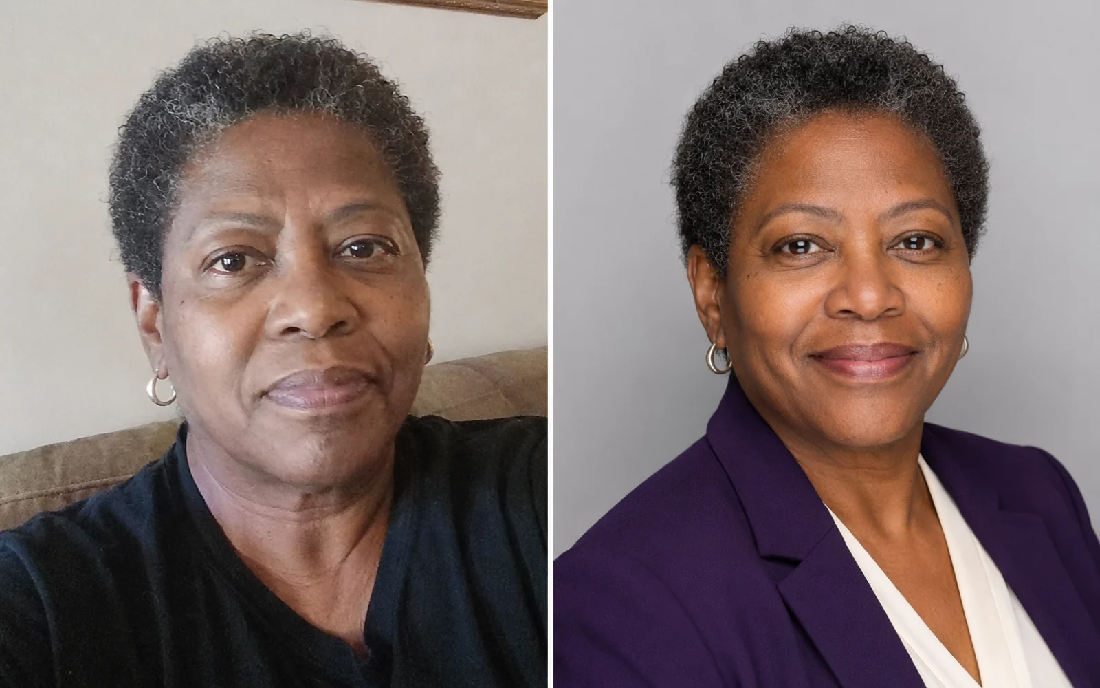 AI headshot generator before-and-after — webcam selfie of a Black woman on the left compared to her polished AI headshot in a purple blazer on the right