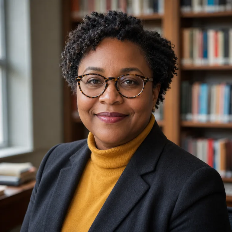 AI headshot style tile — Academic professor headshot in a mustard turtleneck and tortoise glasses
