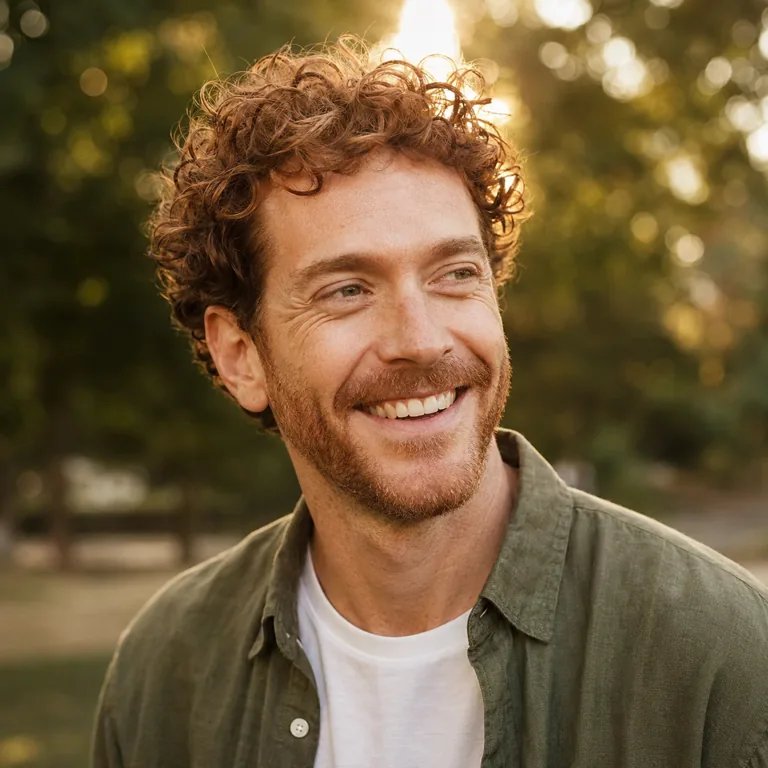 AI headshot style tile — Energetic outdoor headshot with warm laughing smile in golden-hour light
