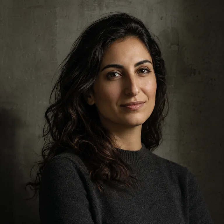 AI headshot style tile — Tech startup minimalist headshot in a dark sweater on a moody concrete backdrop