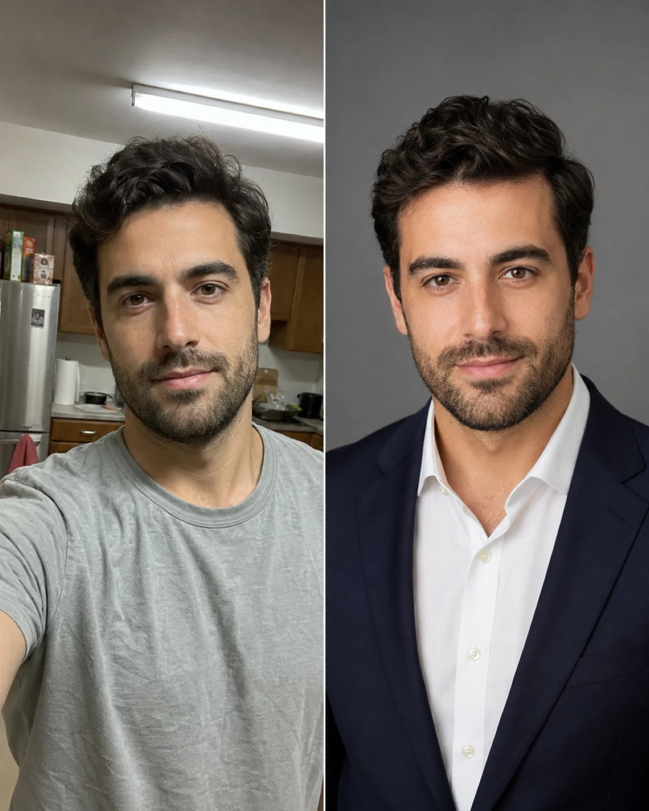 AI headshot generator before-and-after — a kitchen selfie of a man on the left transformed into a polished professional headshot in a navy suit on the right