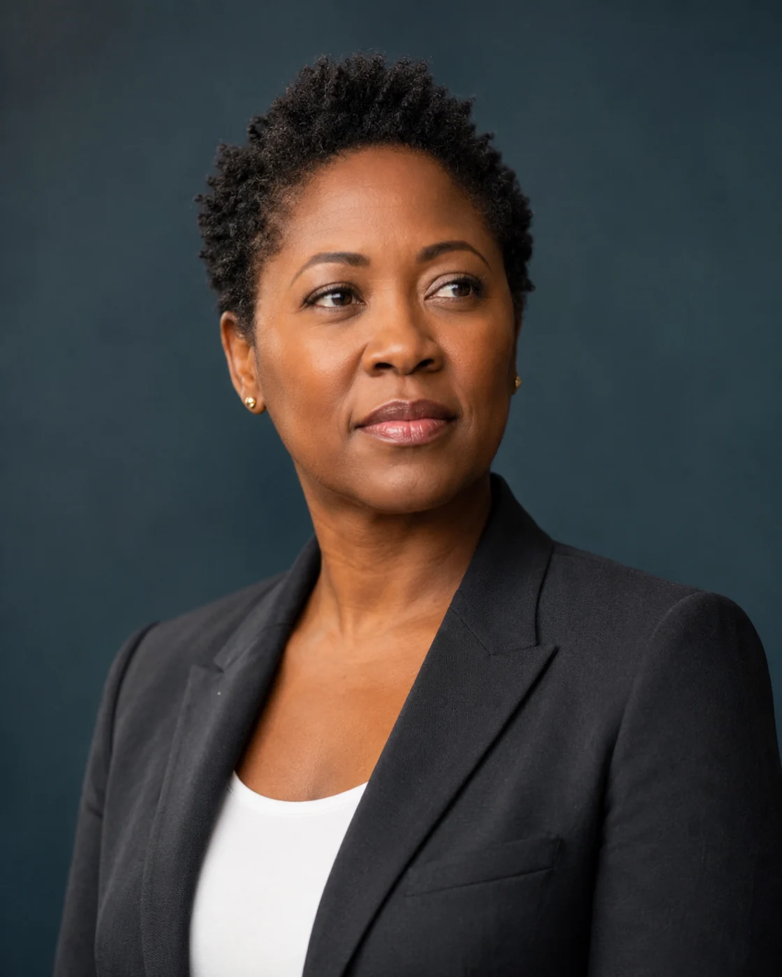 Why imya is the best AI headshot generator — a Black woman in a charcoal blazer, professional headshot AI result on a deep teal backdrop
