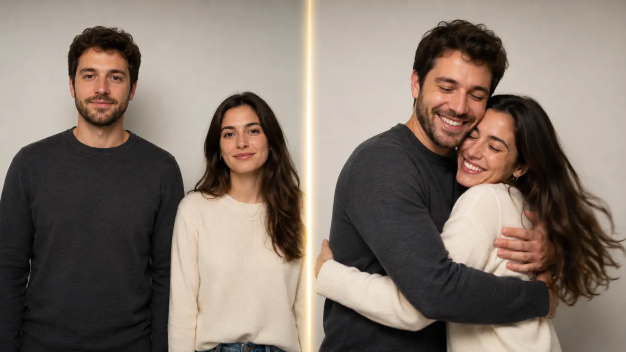 Before and after — a static couple photo turned into an AI hug video