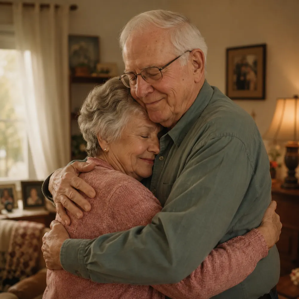 AI hug video example of an elderly couple sharing a tender hug