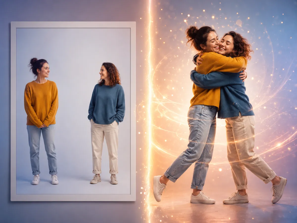 A still photo of two people transformed into an AI hugging video