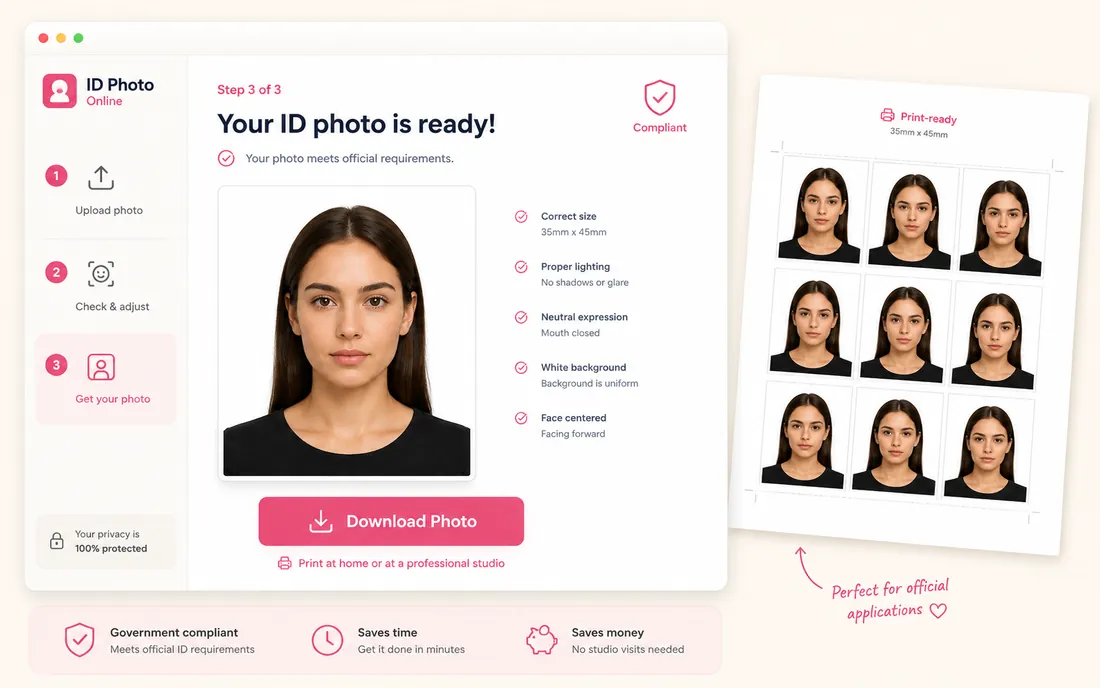 AI ID Photo Maker result checked against official ID photo requirements