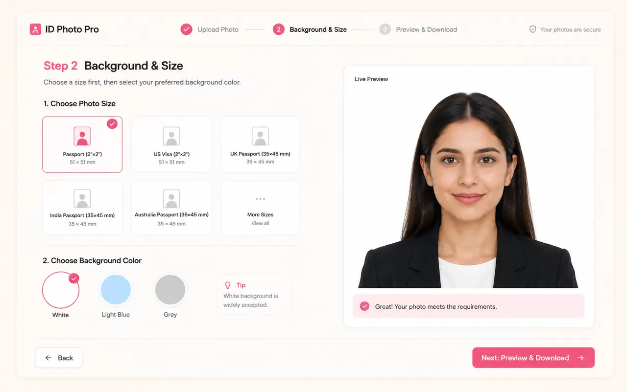 Step 2: choose size and background in the AI ID Photo Maker