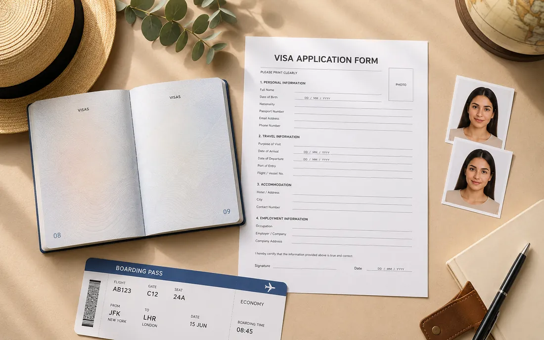 AI ID Photo Maker passport and visa photo beside a visa application form