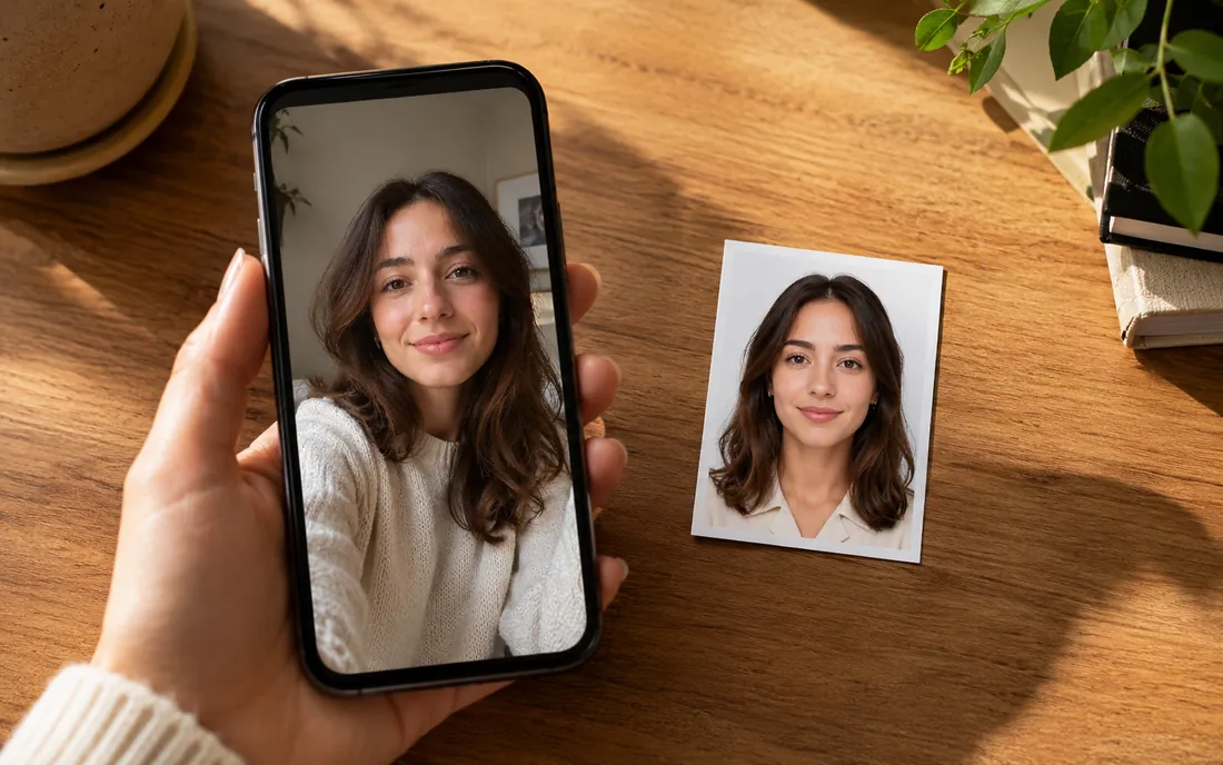 AI ID Photo Maker turning a casual selfie into a clean passport ID photo