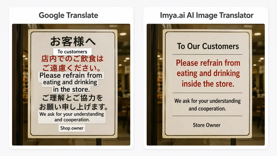 Comparación lado a lado — Google Translate frente al traductor de imágenes con IA de Imya.ai en el aviso de la puerta de una tienda japonesa; el resultado de Imya es más limpio