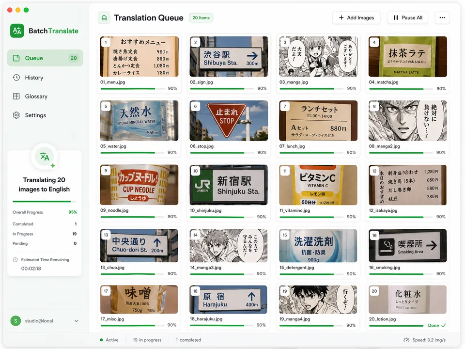 Traductor de imágenes con IA por lotes procesando 20 letreros japoneses y páginas de manga en paralelo con barras de progreso