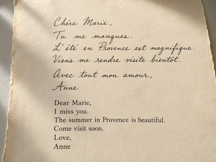 Carta francesa escrita a mano traducida al inglés por el traductor de imágenes con IA junto a la escritura original en cursiva