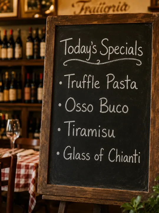 Salida del traductor de imágenes con IA — menú de pizarra de un restaurante italiano traducido a un claro Today's Specials en inglés
