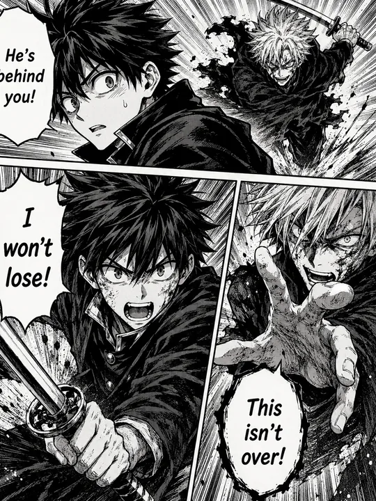 Página de manga traducida por el traductor de imágenes con IA — diálogo en inglés renderizado dentro de los globos de diálogo originales