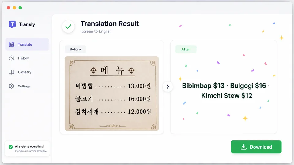Paso 3 — descargando un menú coreano traducido del traductor de imágenes con IA con un botón de Descargar