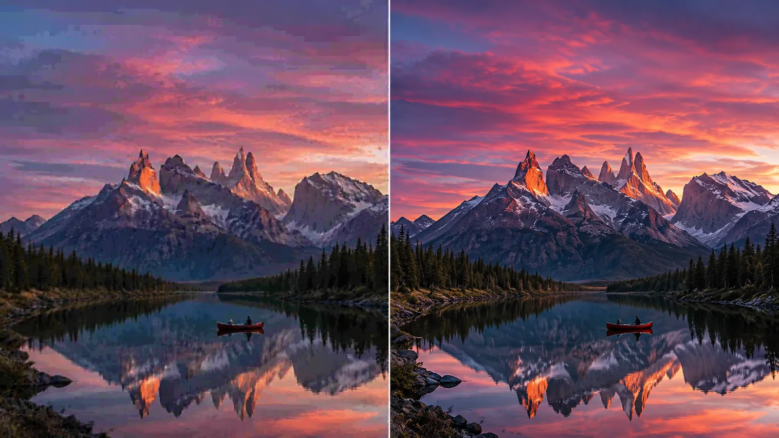 Before and after landscape comparison upscaled by the AI image upscaler keeping every cloud and tree crisp