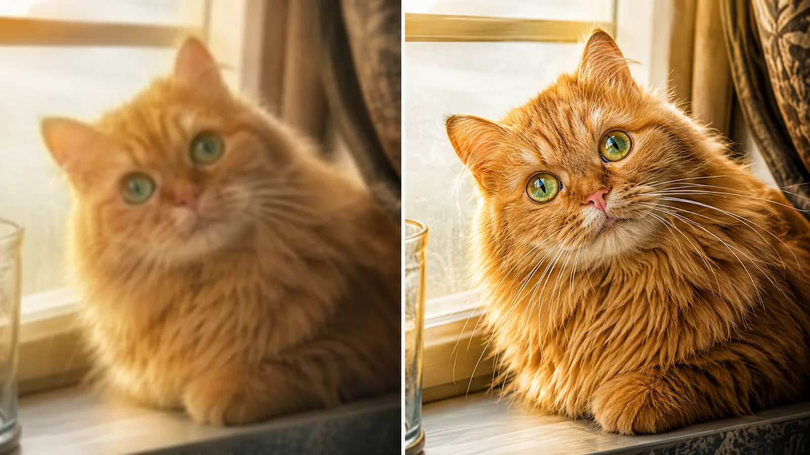 Before and after pet photo upscaled with the AI image upscaler revealing individual fur detail
