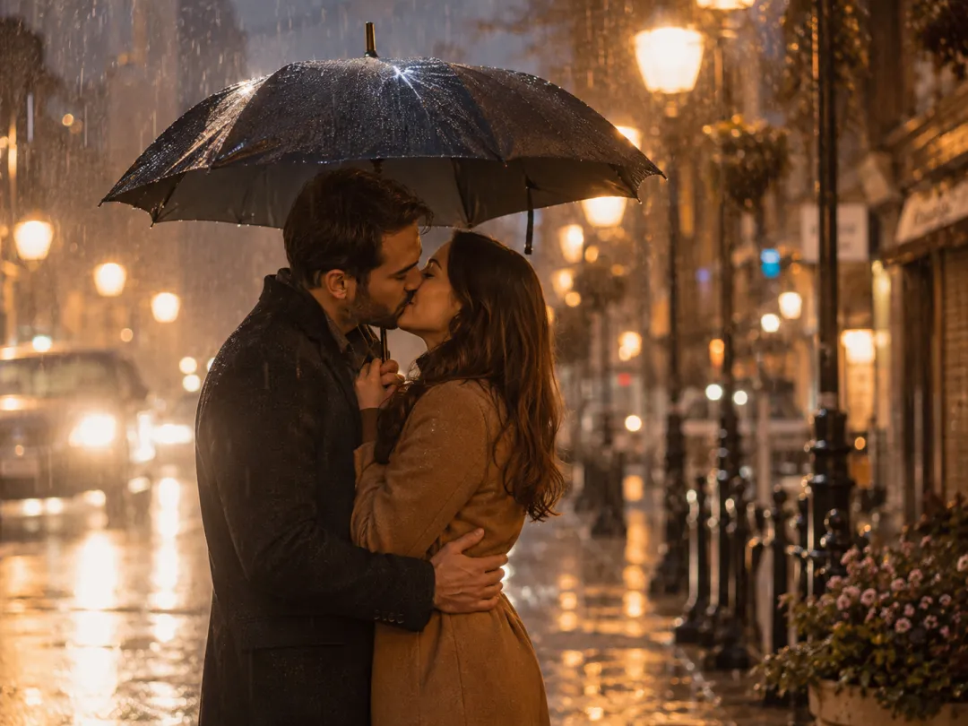 AI kiss video preset — a couple kissing under an umbrella in the rain