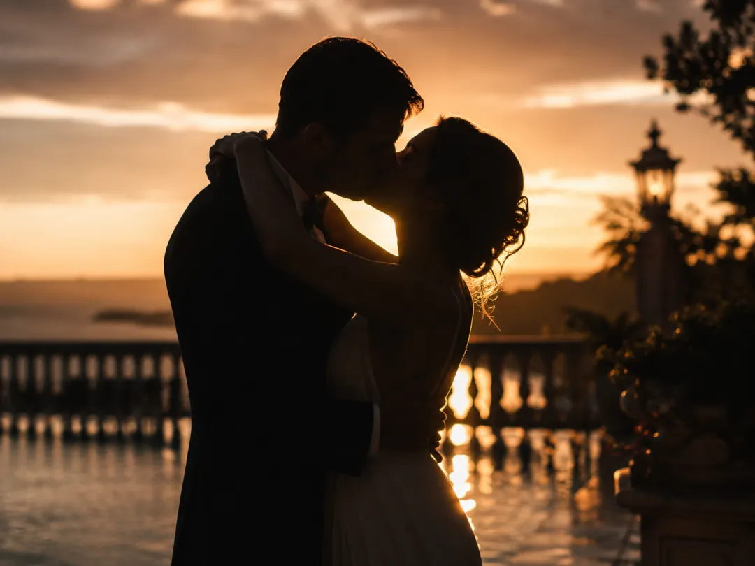 AI kiss video preset — a couple kissing while slow dancing in silhouette