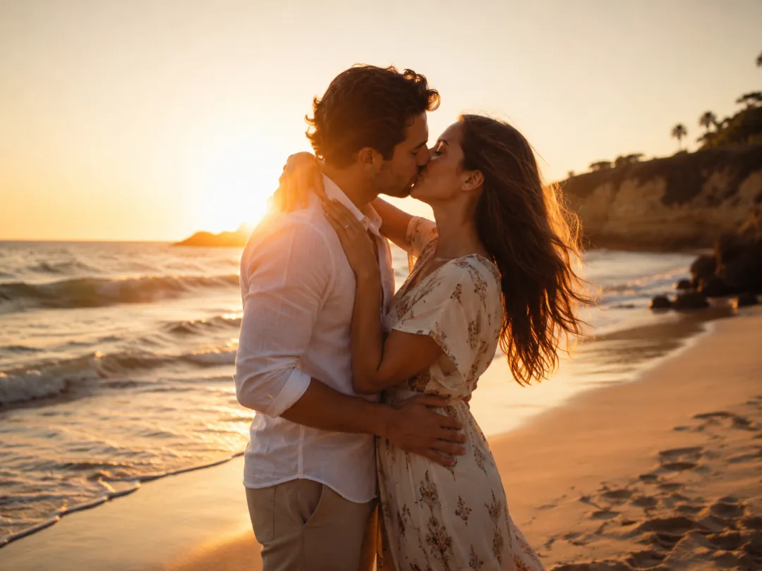 AI kiss video preset — a couple kissing at sunset on the beach