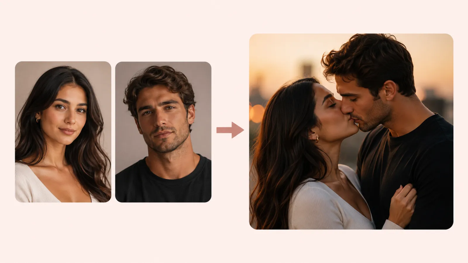 Turn two separate portraits into one romantic AI kiss video