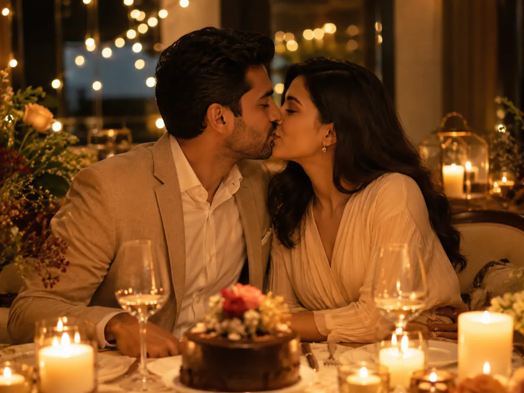 Anniversary AI kiss video — a couple kissing at a candlelit dinner