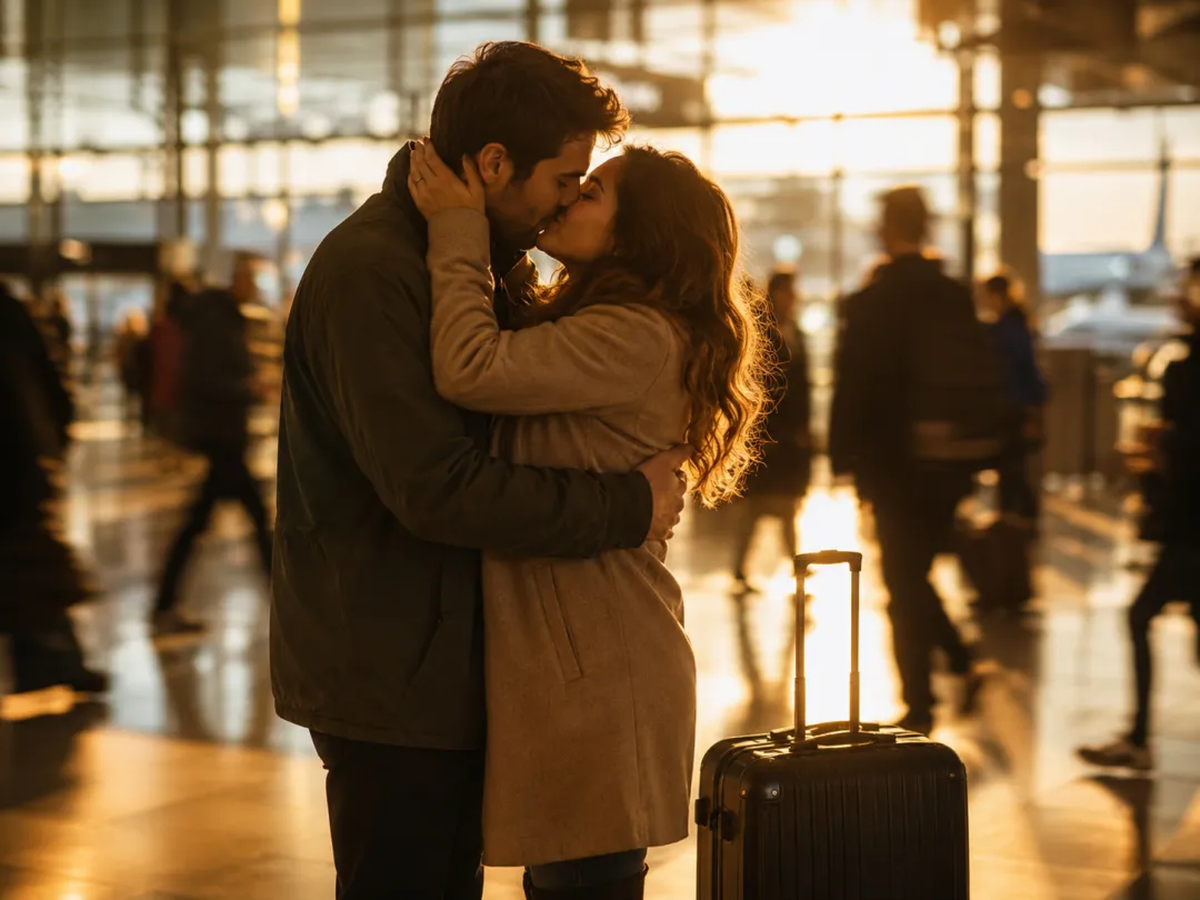 Reunion AI kiss video — a couple's kiss at the airport