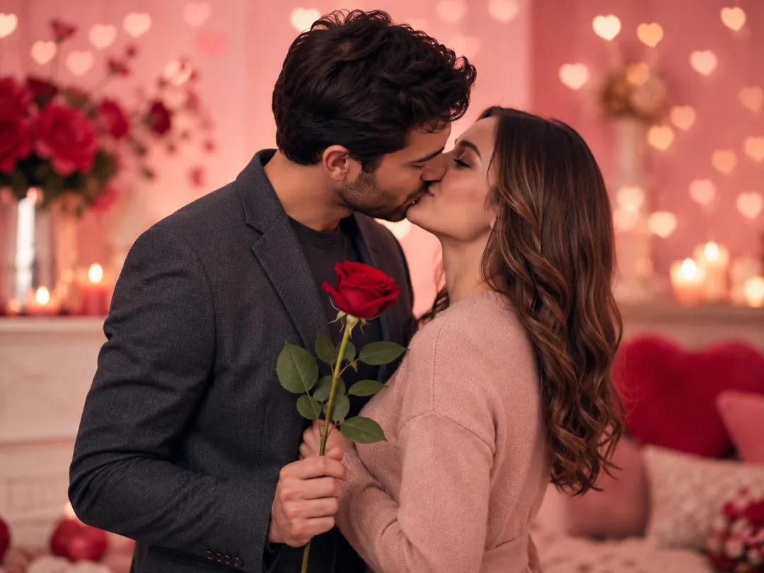 Valentine's Day AI kiss video — a couple kissing with a red rose