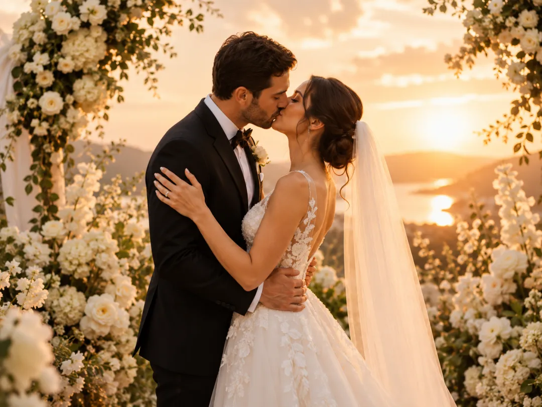 Wedding AI kiss video — a couple's first kiss under a floral arch