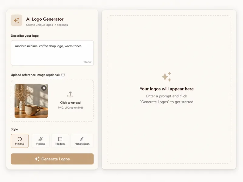 Step 1 of the imya AI Logo Generator — describing a brand and uploading a reference image