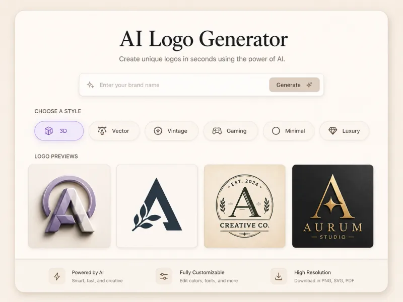 Step 2 of the AI Logo Generator — selecting a logo style chip and previewing four logo directions