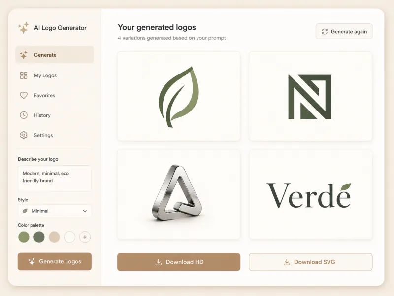 Step 3 of the AI Logo Generator — four ai logo variations with HD PNG and SVG download buttons