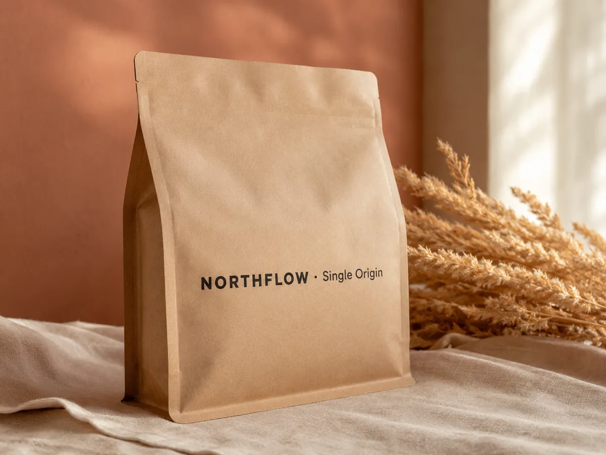Before and after the AI logo remover — a NORTHFLOW coffee bag product photo turned into a clean, logo-free image