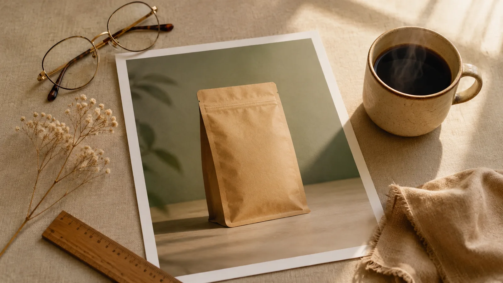 A clean, logo-free coffee bag product photo printed on a sunlit desk after using Imya