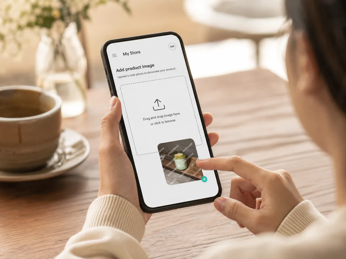 Step 1 of the AI logo remover — uploading a product photo with a brand logo from a phone