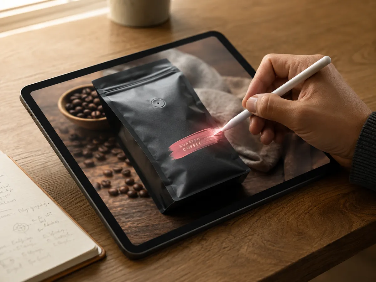 Step 2 of Imya — brushing over a brand logo on a coffee bag using a tablet