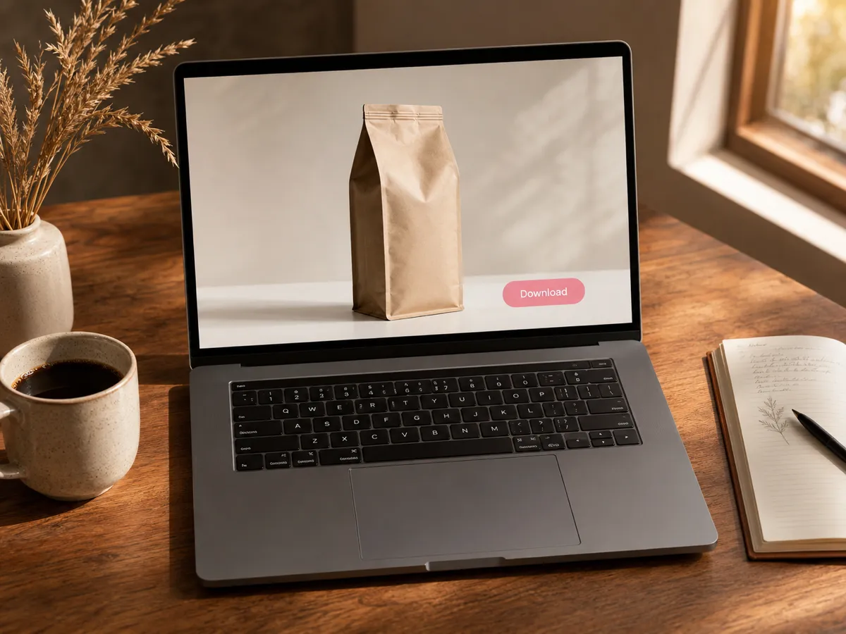 Step 3 of Imya — downloading a clean, logo-free product photo from a laptop