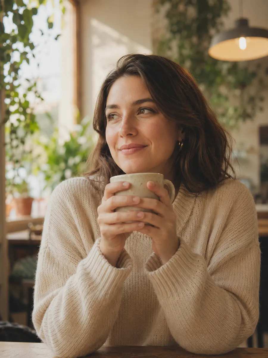 AI logo remover use case — a café portrait cleaned of a photo-app bottom banner watermark