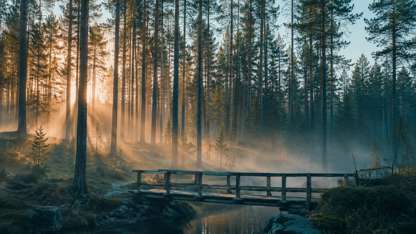 AI logo remover use case — a misty pine forest landscape photo cleaned of a stock-preview logo