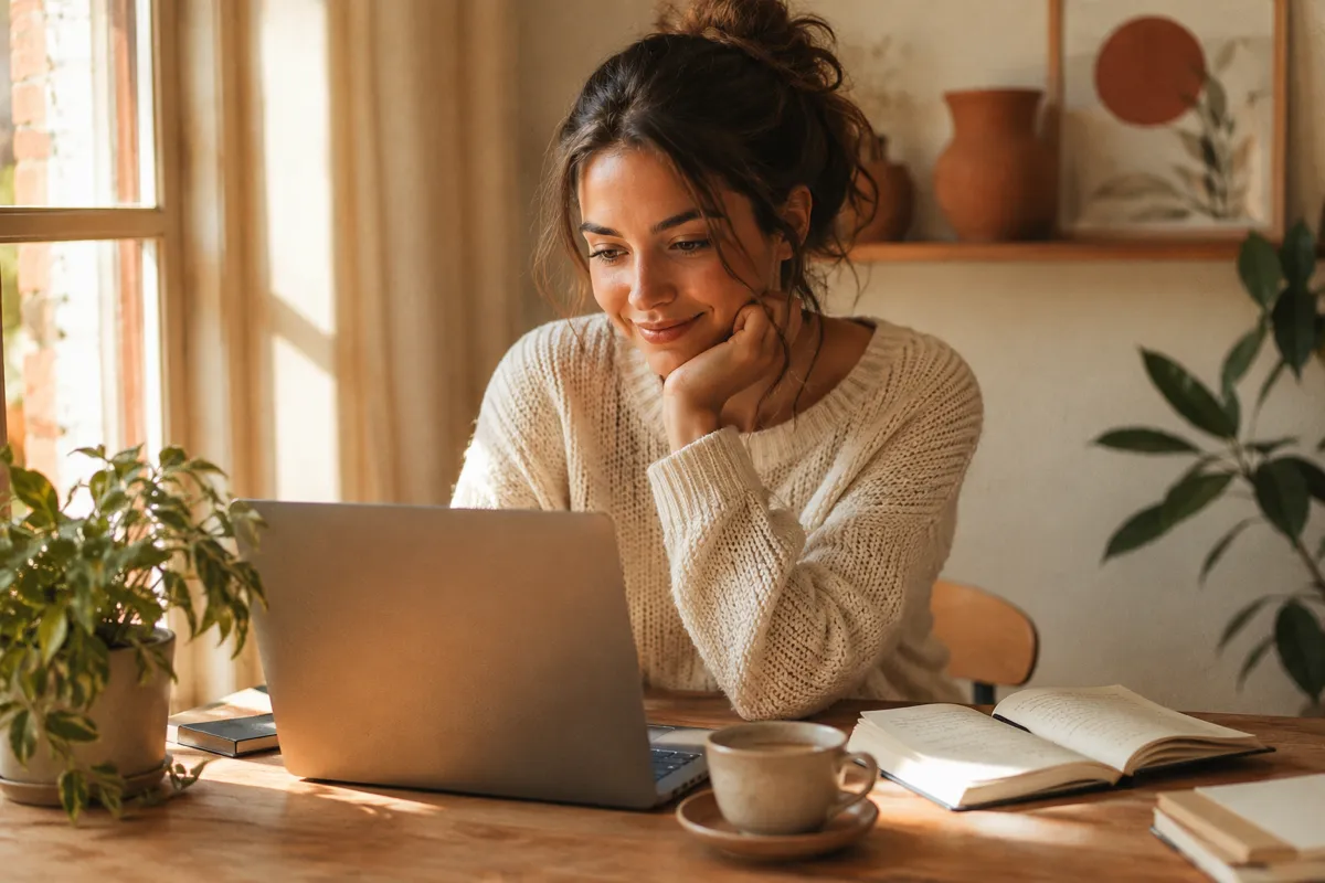 A content creator at a sunlit desk using Imya on a laptop to clean brand logos from product photos