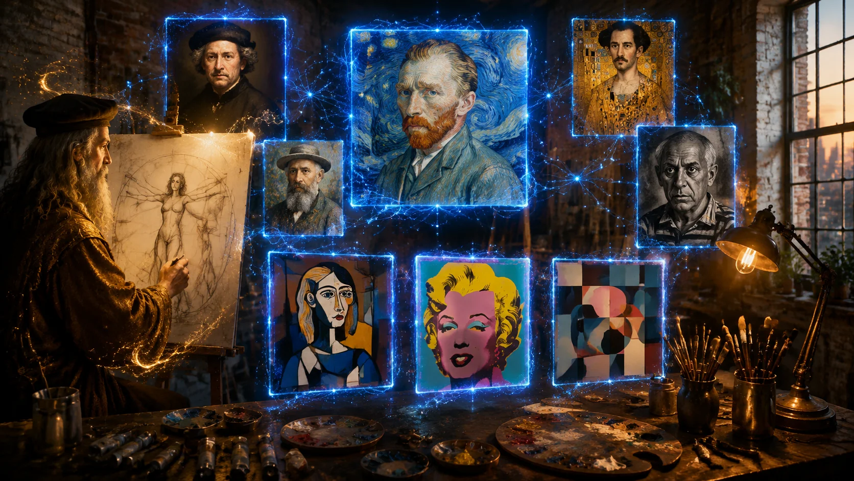 AI Mentor studio with Da Vinci sketching the Vitruvian Man, a Van Gogh starry-night self-portrait, plus Picasso, Warhol, Rembrandt, Klimt and Monet holographic frames generating masterpiece-level prompts