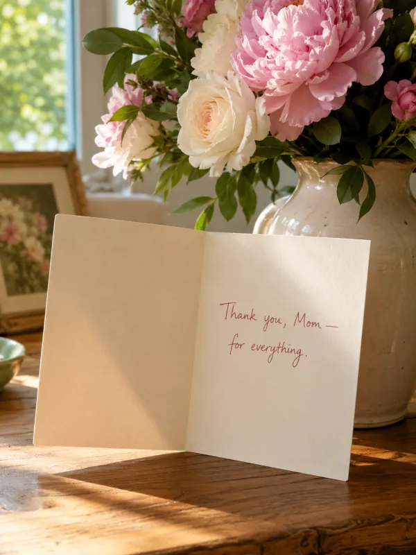 Floral Mother's Day card with a peony bouquet and a handwritten Thank You Mom message