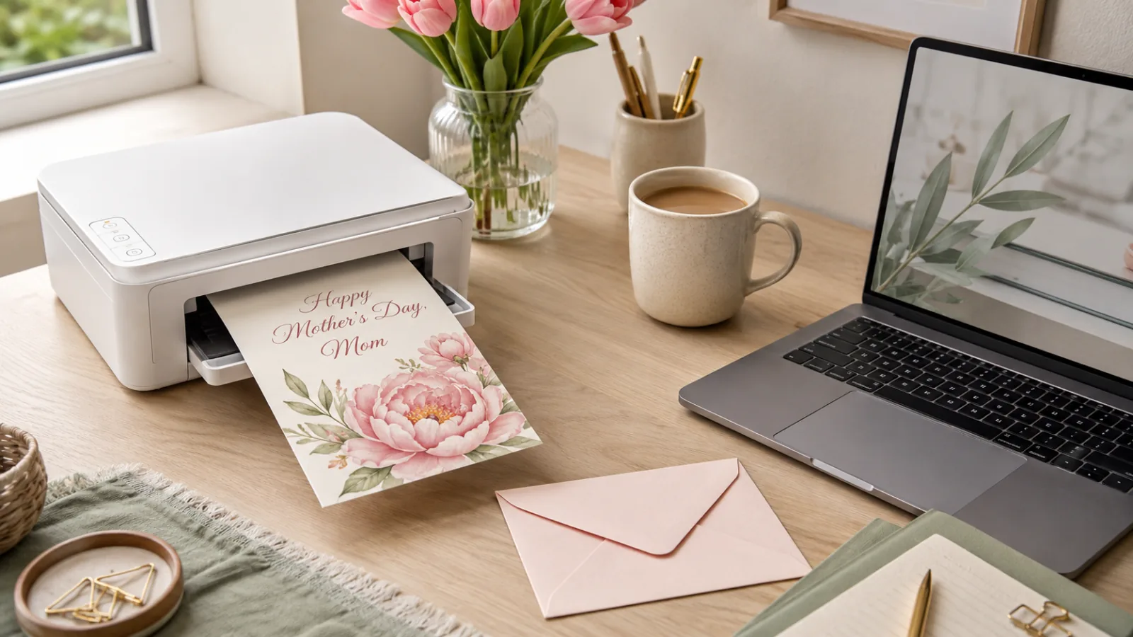 Print-ready Mother's Day card emerging from a home photo printer next to a laptop