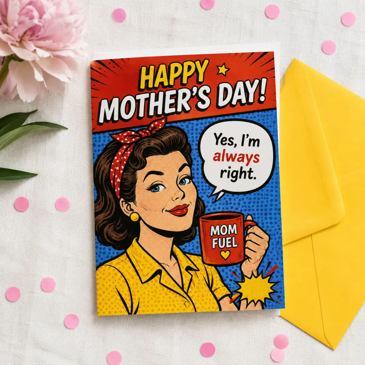 AI Mother's Day card maker output — funny mom-joke Mother's Day card with pop-comic punchline rendered as a real photographed card
