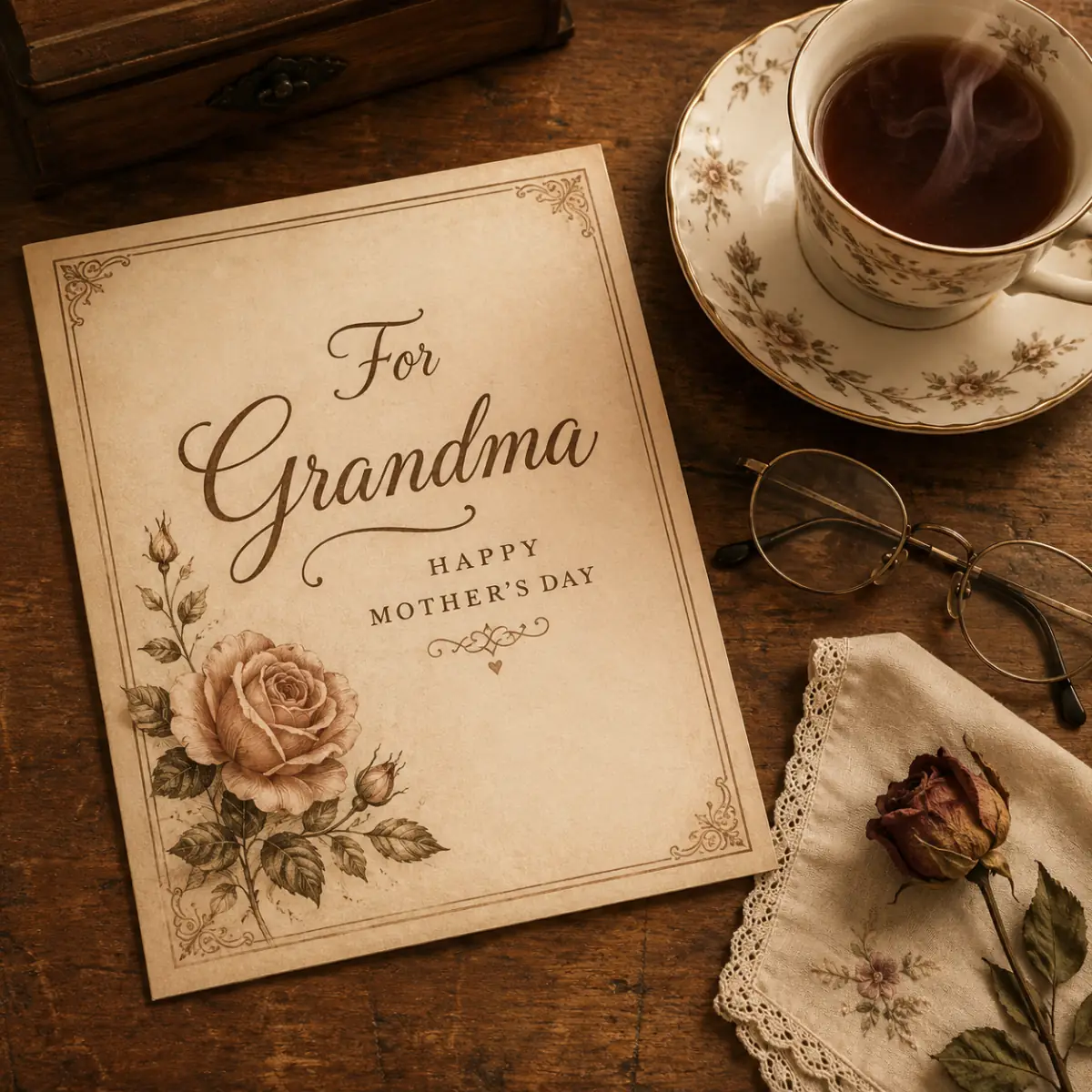 Sepia Mother's Day card for Grandma on a wooden desk with tea and reading glasses