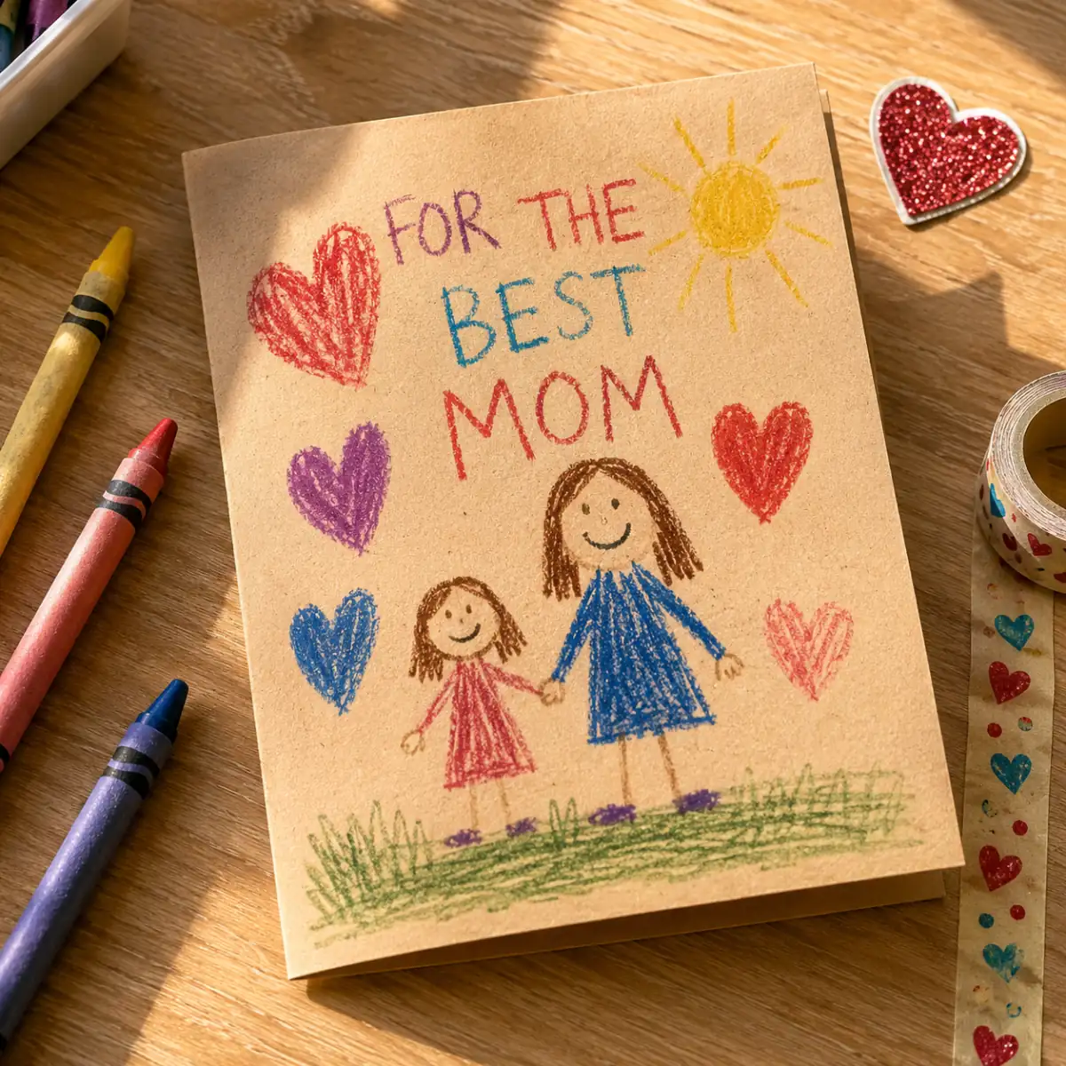 Kid-style Mother's Day card with crayon drawing and an I love you Mom message